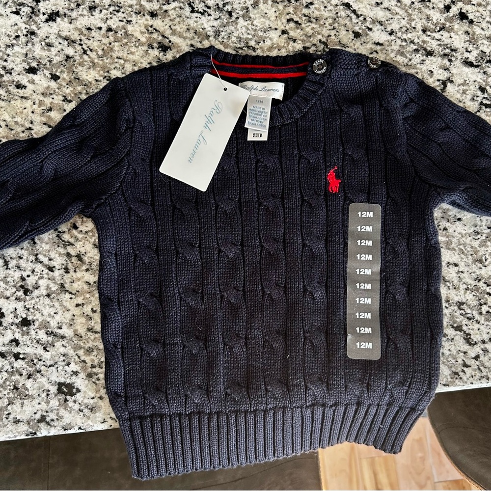 Ralph Lauren Navy Crewneck Cable Knit Sweater 12M Kids NWT
